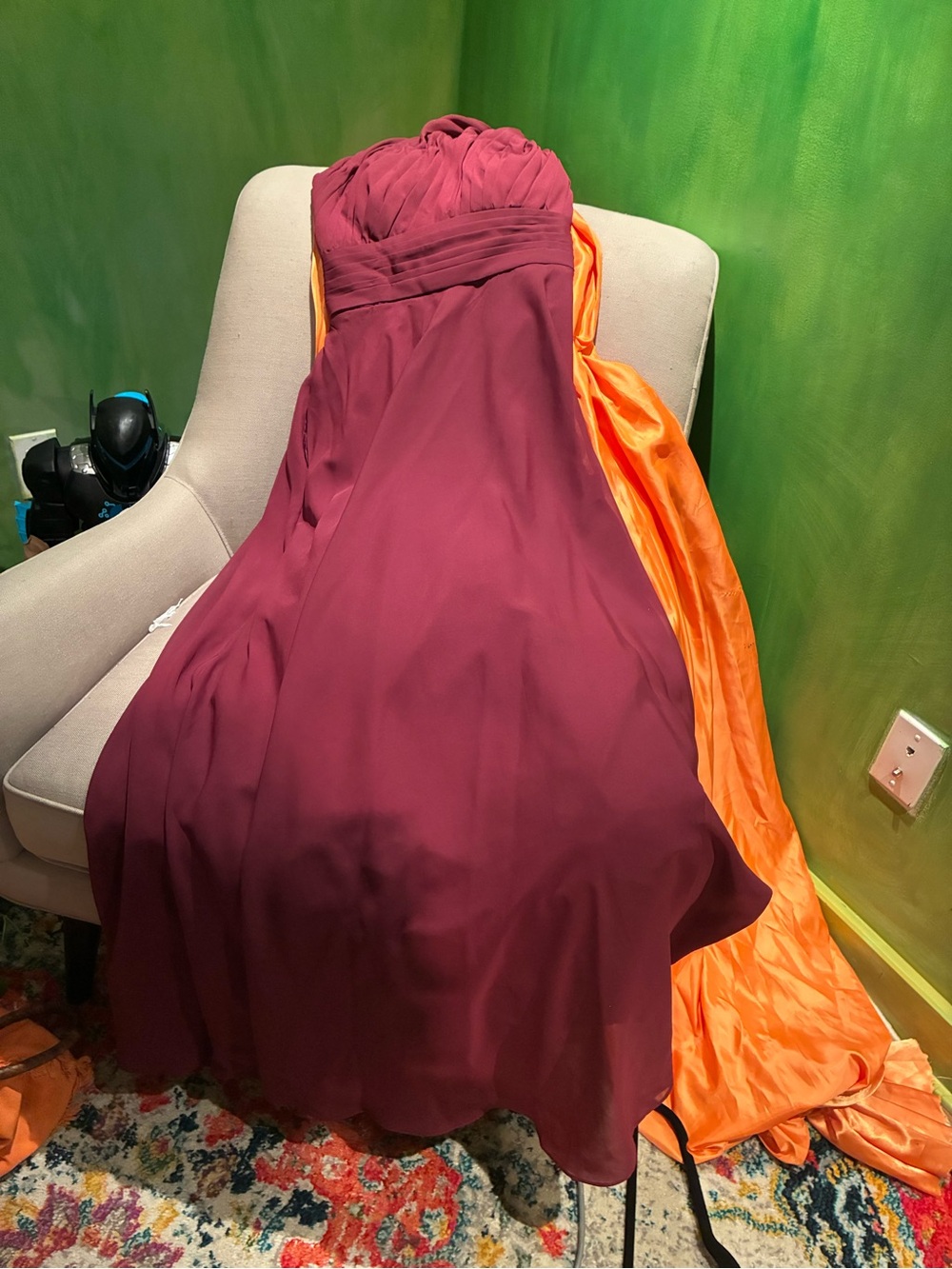 Strapless Burgundy Evening Gown with Orange Sash